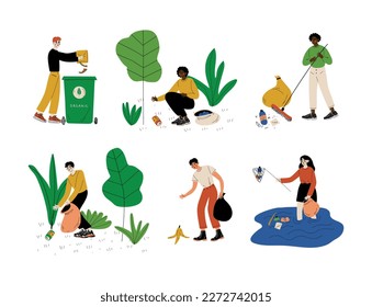 Eine Reihe von Freiwilligen sammeln Müll und Plastikmüll im Park. Menschen, die Müll in Mülltüten sammeln und sich um den Naturkartoon Vektorgrafik kümmern