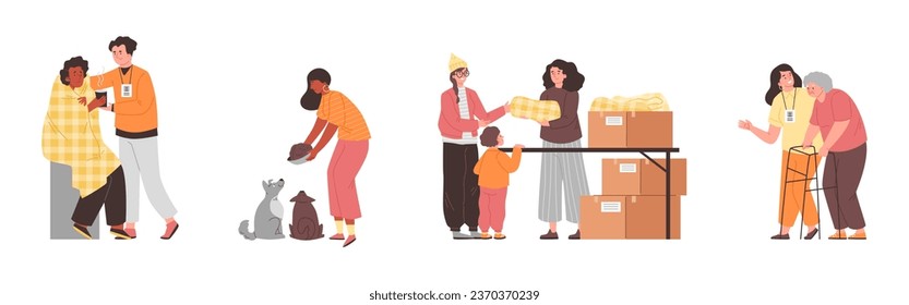 Set of volunteers help elderly and disabled people and animals, flat vector illustration isolated on white background. Charity and humanitarian work. Volunteers give blankets to people after disaster.