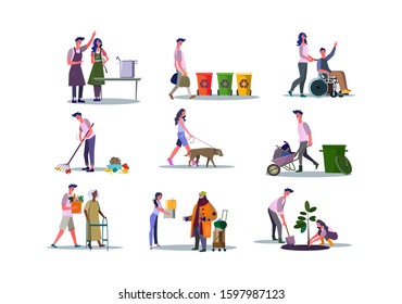 Set of volunteers helping people and caring about environment. Flat vector illustrations of people cooking, recycling. Volunteering concept for banner, website design or landing web page