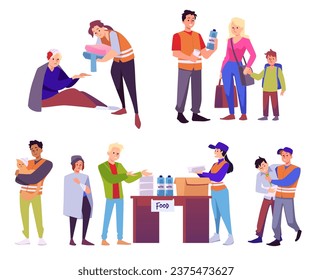 Set of volunteers helping people during natural disaster or war, flat vector illustration isolated on white background. Injured people getting help from social workers.