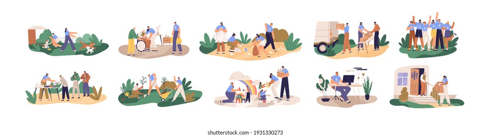 Set of volunteers helping and supporting senior, disabled and homeless people, children and animals. Charity and donation concept. Colored flat cartoon vector illustration isolated on white background
