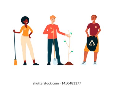 Set of volunteers people saving environment cartoon style, vector illustration isolated on white background. Men and woman stand holding broom and garbage bag for cleaning and man planting tree