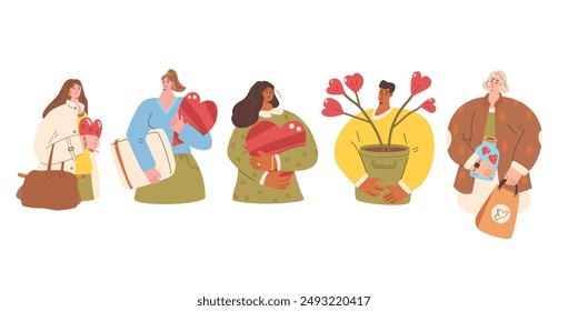 Set of volunteers portraits. charity kit. People with heart symbols. Vector hand drawn flat collection illustration isolated on white background.