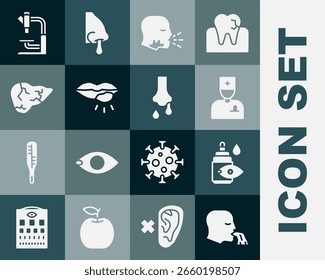 Set Vomiting man, Eye drop bottle, Male doctor, Man coughing, Herpes lip, Hepatitis virus, Microscope and Runny nose icon. Vector