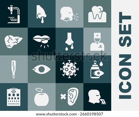 Set Vomiting man, Eye drop bottle, Male doctor, Man coughing, Herpes lip, Hepatitis virus, Microscope and Runny nose icon. Vector