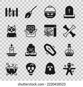 Set Voodoo Doll, Bottle With Potion, Crossed Bones, Pumpkin Basket For Sweets, Chocolate Bar, Owl Bird, Garden Fence Wooden And Spider Web Icon. Vector