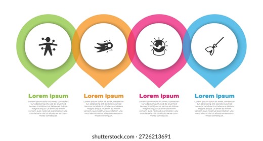 Set Muñeca vudú, bola de fuego, magia y escoba de brujas. Plantilla de infografía de negocios. Vector