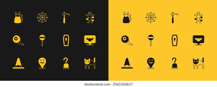 Set Voodoo doll, Happy Halloween holiday, Coffin with christian cross, Pirate hook, Lollipop, Scythe, Black cat and Spider web icon. Vector