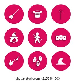 Set Voodoo doll, Magic runes, Witch hat, Playing cards, Spell, wand and Witches broom icon. Vector