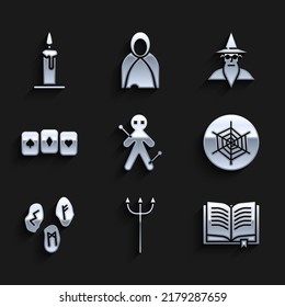 Set Voodoo doll, Neptune Trident, Ancient magic book, Spider web, Magic runes, Playing cards, Wizard warlock and Burning candle candlestick icon. Vector