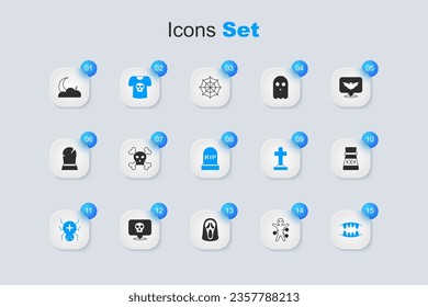 Set Voodoo doll, Skull on crossbones, Shirt with skull, Spider, Vampire teeth, Bottle potion, Moon and stars and Tombstone RIP written icon. Vector