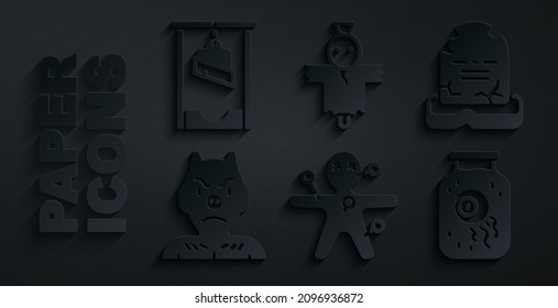 Set Voodoo doll, Tombstone with RIP written, Krampus, heck, Eye in jar, Scarecrow and Guillotine icon. Vector