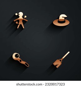 Set Voodoo doll, Witch hat, Magic staff and Witches broom icon with long shadow. Vector