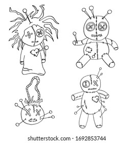 Set of voodoo dolls hand drawn. Vector illustration isolated on white background in doodle style. Suitable for tattoo, design, coloring, t-shirts, brand logo, badge, t-shirts, printed cups, cards.