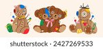 Set of Voodoo dolls with needles, pins, patches. Cute funny creatures. Cartoon style character. Hand drawn Vector illustration. Isolated design elements. Rag, textile, fabric toy. Icon, print template