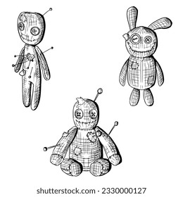 Set of voodoo dolls. Vector sketches. Isolated on white. Hand-drawn style.