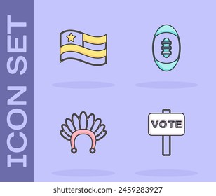 Set Vote, American flag, Indian headdress with feathers and Football ball icon. Vector
