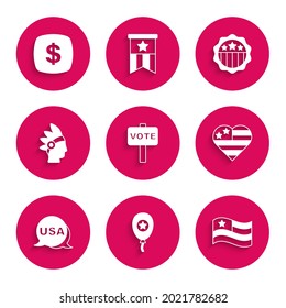 Set Vote, Balloons, American flag, USA Independence day, Native Indian,  and Dollar symbol icon. Vector