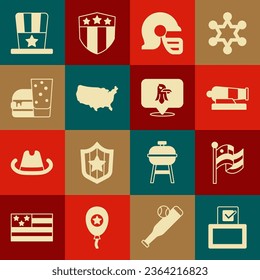 Set Vote box, bandera americana, cañón, casco de fútbol, mapa de EE.UU., hamburguesa, sombrero de top patriótico e icono Águila. Vector