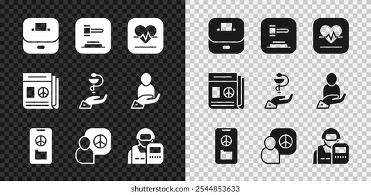 Set Vote box, Juiz Gavel, Frequência cardíaca, Paz, Conversações, Policial, Notícias e Caduceus ícone médico cobra. Vetor