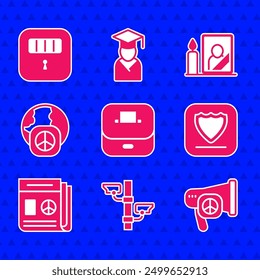 Set Vote box, Security camera, Peace, Shield, News, International day of peace, Mourning photo frame and Prison cell door icon. Vector