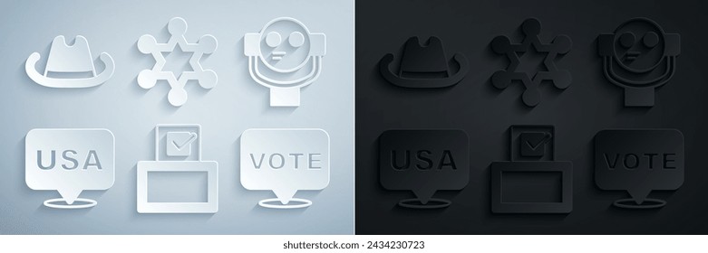 Set Vote box, Tourist binoculars, USA Independence day, Hexagram sheriff and Western cowboy hat icon. Vector