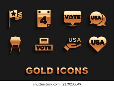 Set Vote box, USA Independence day, Barbecue grill, American Flag y Calendar con el ícono de fecha 4 de julio. Vector