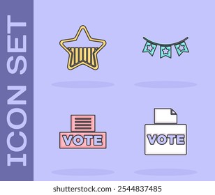 Set Vote box, USA Independence day,  and Carnival garland with flags icon. Vector