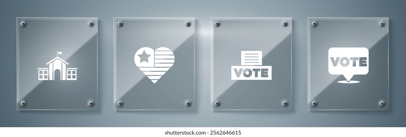 Set Vote, box, USA Independence day and United States Capitol Congress. Square glass panels. Vector