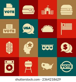 Set Vote, Coin money with dollar, American flag, United States Capitol Congress, USA Independence day, box,  and Taco tortilla icon. Vector