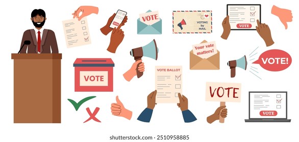 Set of vote elements isolated on white. Voting concept.  Election campaign. Democracy vote. Vote politics.