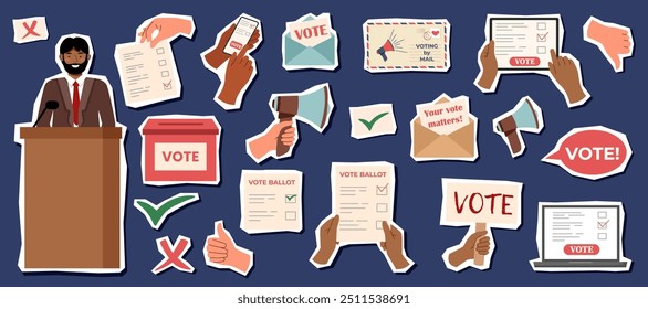 Set of vote elements stickers isolated on white. Voting concept. Election campaign. Democracy vote. Vote politics.