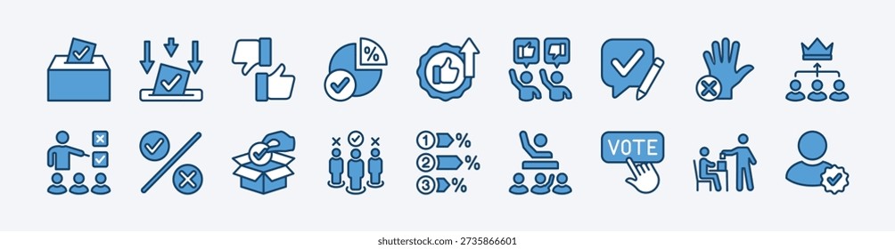 Set of vote icon. Contains democracy ballot box, election, choice, decision, counting, percentage, pie chart, candidate, poll, victory, select, audience, entry, right wrong, agree and disagree. Illustration