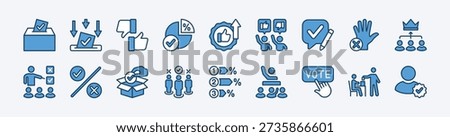 Set of vote icon. Contains democracy ballot box, election, choice, decision, counting, percentage, pie chart, candidate, poll, victory, select, audience, entry, right wrong, agree and disagree. Illustration