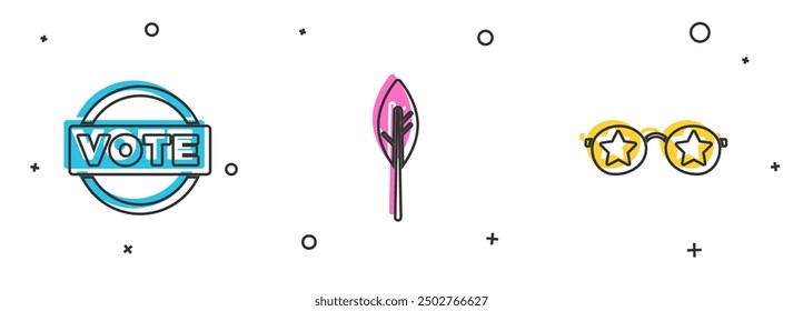 Set Vote, pluma india y gafas con icono de estrellas. Vector