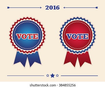 Set of vote ribbons with stars, text and year. Political voting buttons and divider lines in vector format.