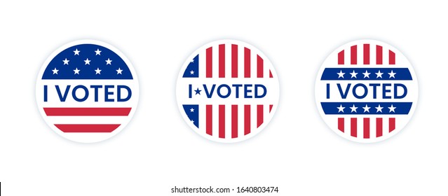 Set of I voted stickers with us american flag. Circle vote sticker or label. US, USA, american election, voting sign. I voted quote. Responsible voting badge or pin. vector illustration