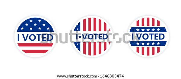 Set\
of I voted stickers with us american flag. Circle vote sticker or\
label. US, USA, american election, voting sign. I voted quote.\
Responsible voting badge or pin. vector\
illustration