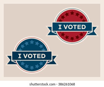 Set of I voted vector badges in red and blue frames with banners, stars and text.