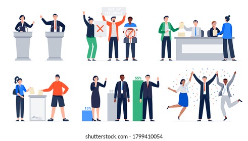 Set of voting and election concepts. Debate candidates, protesting people, pre-election campaign, election day, results of the voting, the winner with his team.  Vector flat illustrations. svg