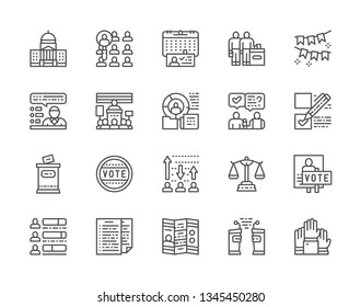 Set of Voting and Elections Line Icons. Courthouse, Political Candidate, Politician, Declaration, Debates, President, Ballot Box, Vote and more. Pack of 48x48 Pixel Icons