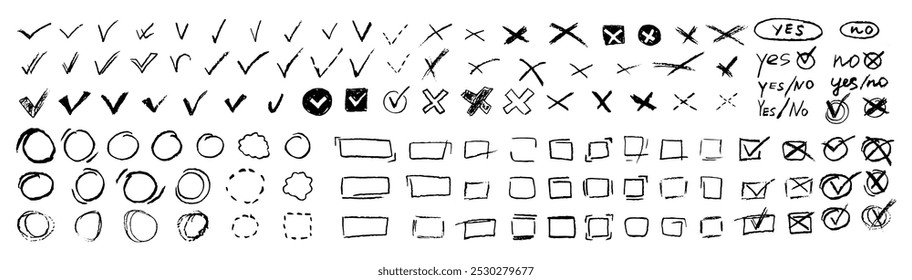 Set of voting elements. Yes or no signs and square, rectangular or round fields box for hand-drawn choices. Vector illustration of quiz elements OK, correct or incorrect for answering test questions