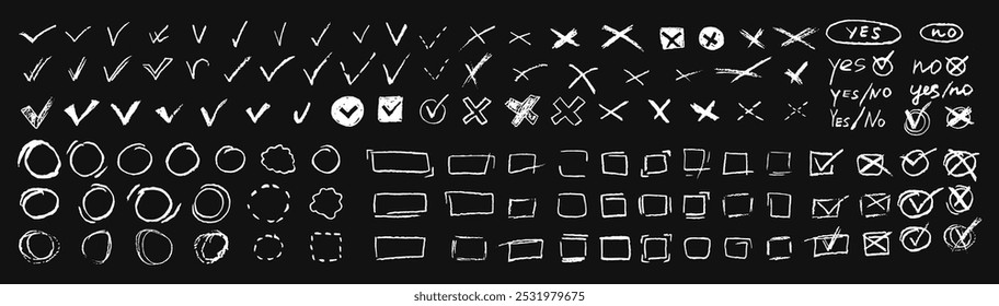 Conjunto de Elementos de votación. Sí o no signos y cuadrados, rectangulares o redondos rellenos para las opciones dibujadas a mano. Boceto de Vector de los Elementos de la prueba OK, correcto o incorrecto para responder las preguntas de la prueba