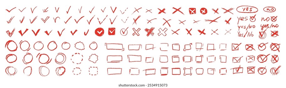 Conjunto de elementos de votação. Sinais Sim ou Não e caixas quadradas, retangulares ou redondas para escolhas feitas à mão. Esboço vetorial dos elementos vermelhos do teste OK, correto ou incorreto para responder às perguntas do teste