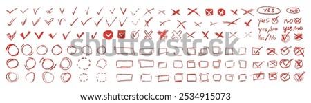 Set of voting elements. Yes or no signs and square, rectangular or round filled boxes for hand-drawn choices. Vector sketch of quiz red elements OK, correct or incorrect for answering test questions