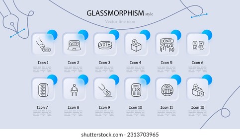 Set von Symbolen für die Stimmabgabe, die den demokratischen Prozess und die Teilnahme an Wahlen repräsentieren. Brillmorphismus-Stil. Vektorliniensymbol
