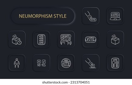 Set von Symbolen für die Stimmabgabe, die den demokratischen Prozess und die Teilnahme an Wahlen repräsentieren. Neomorphismus-Stil. Vektorliniensymbol
