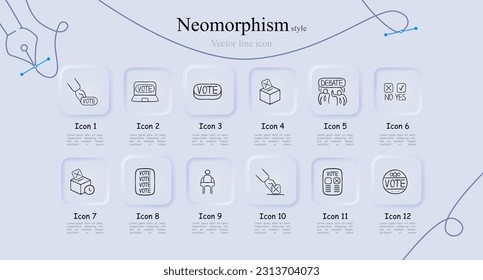 Conjunto de íconos de votación que representan el proceso democrático y la participación en las elecciones. Estilo neomorfista. Icono de línea de vector