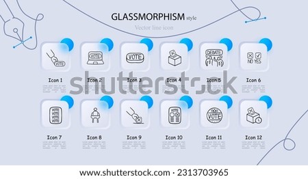 Set of voting icons representing the democratic process and participation in elections. Glassmorphism style. Vector line icon