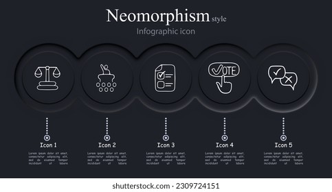 Conjunto de iconos de votación. Símbolos que representan el proceso democrático, las elecciones, los votos. Concepto de participación. Estilo neomorfista. Icono de línea de vector para empresas
